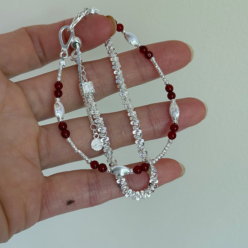 S925 Sterling Silver Carved Round Beads Bracelet with Red Agate