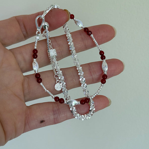 S925 Sterling Silver Carved Round Beads Bracelet with Red Agate