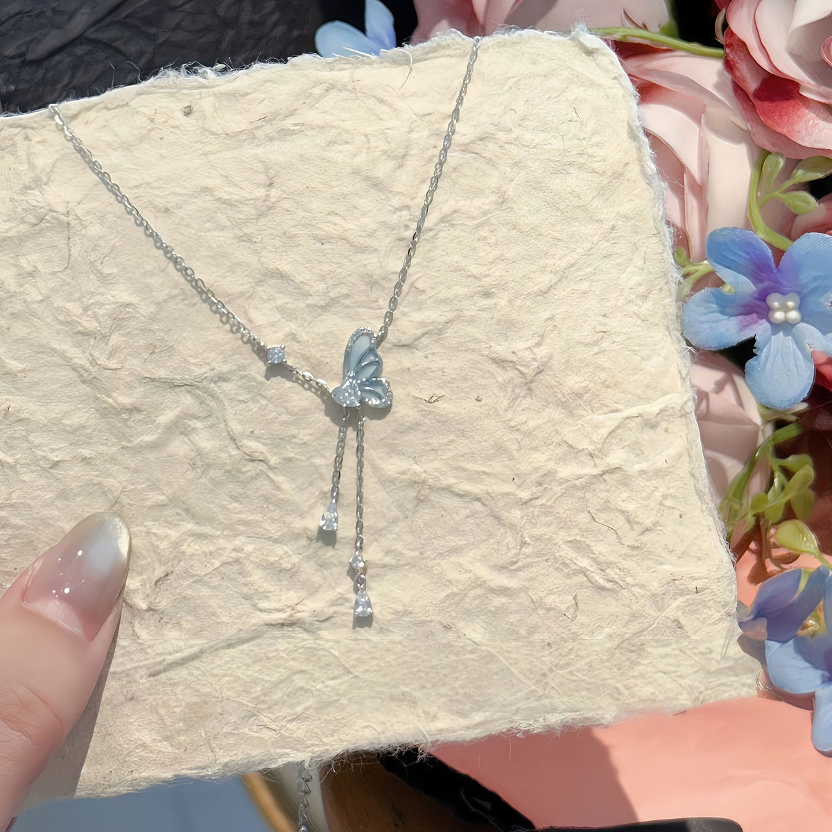 Luminous Starry Night Butterfly Clavicle Necklace - Sterling Silver Design