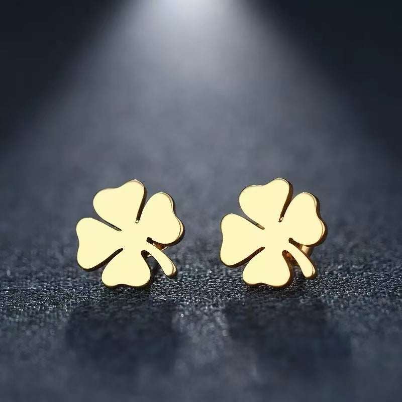 18K Gold Four-Leaf Clover Earrings, Titanium Steel, Fade-Resistant, High-End Design
