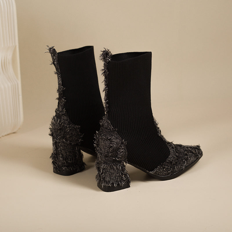Women's Fringe And Knit Combination Mid-Calf Boots