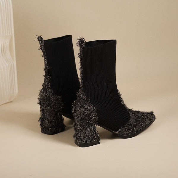 Women's Fringe And Knit Combination Mid-Calf Boots