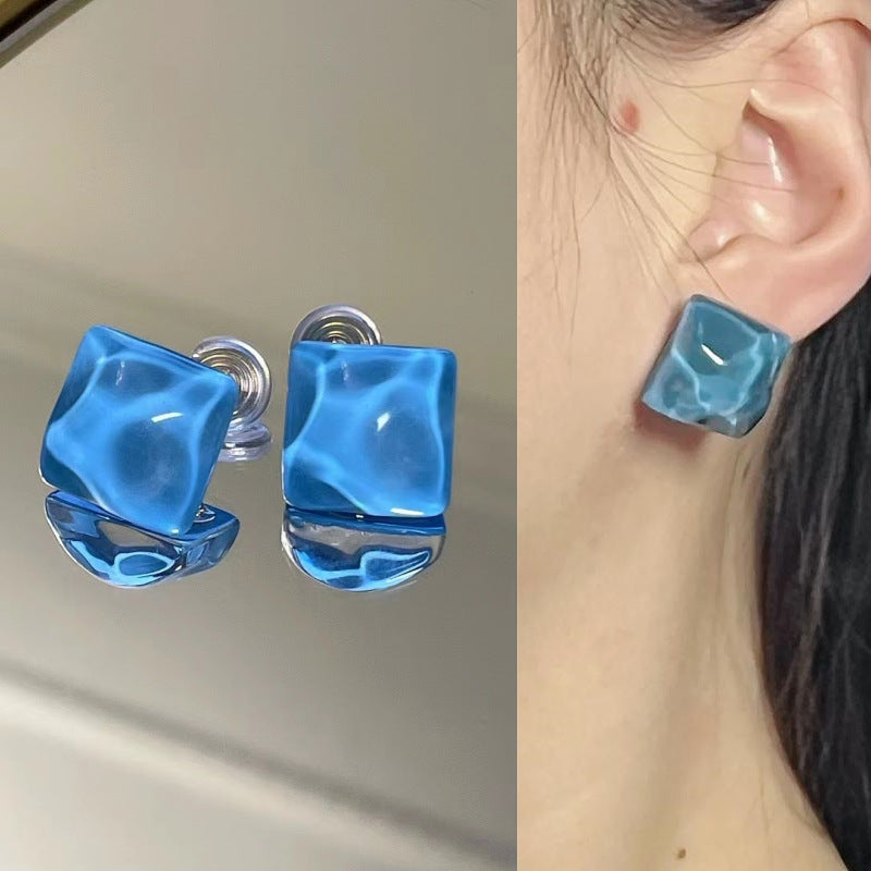 Geometric Square Blue Water Ripple Earrings