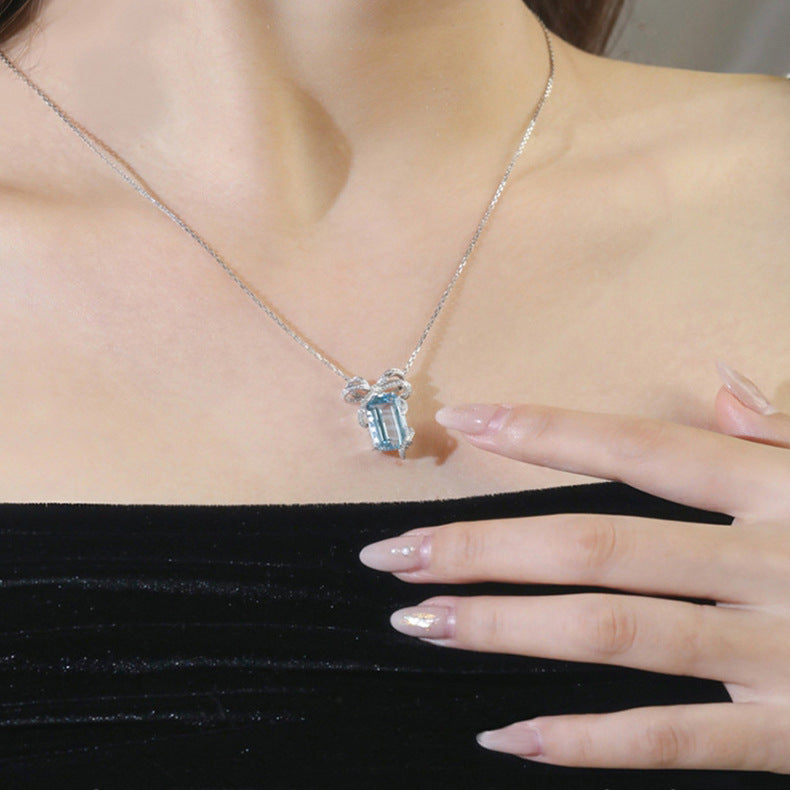 Square Bow Aqua Blue Topaz Necklace - Light Luxury Design for Women